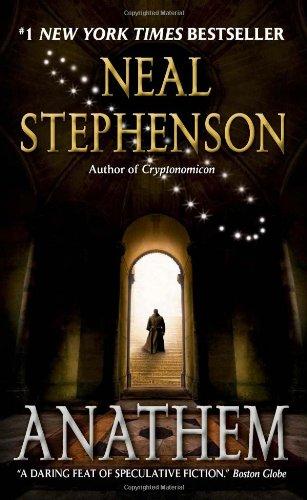 Cover of the William Morrow hardcover edition of Anathem by Neal Stephenson, a geometric design in orange and cream on a dark background.