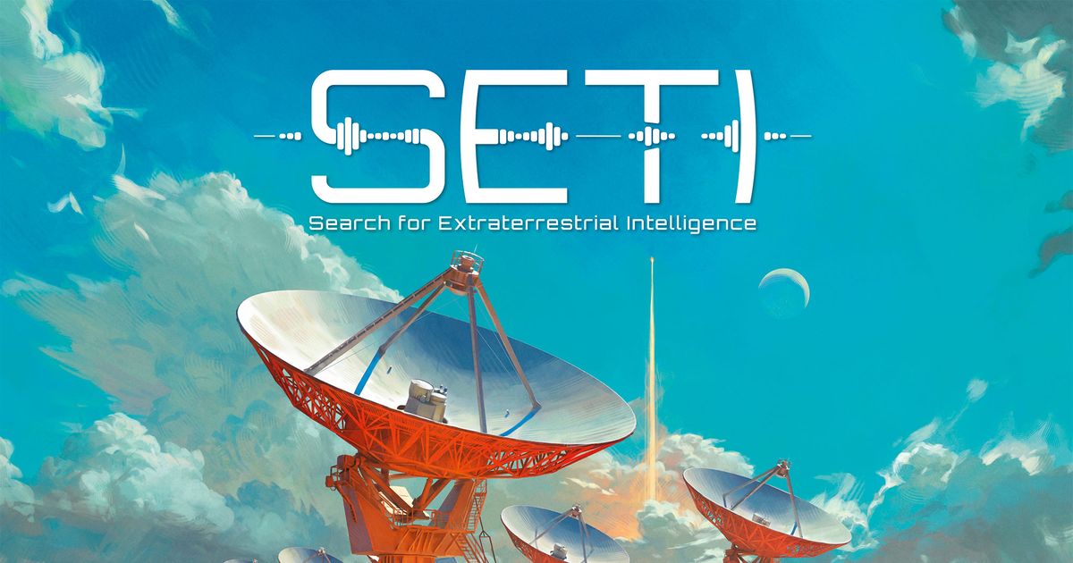 Box art for SETI: Search for Extraterrestrial Intelligence, showing a satellite array against a starry sky.
