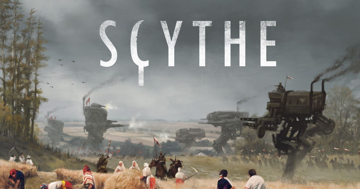 Box art for Scythe, showing a woman standing beside a mech in a wintry Eastern European landscape.