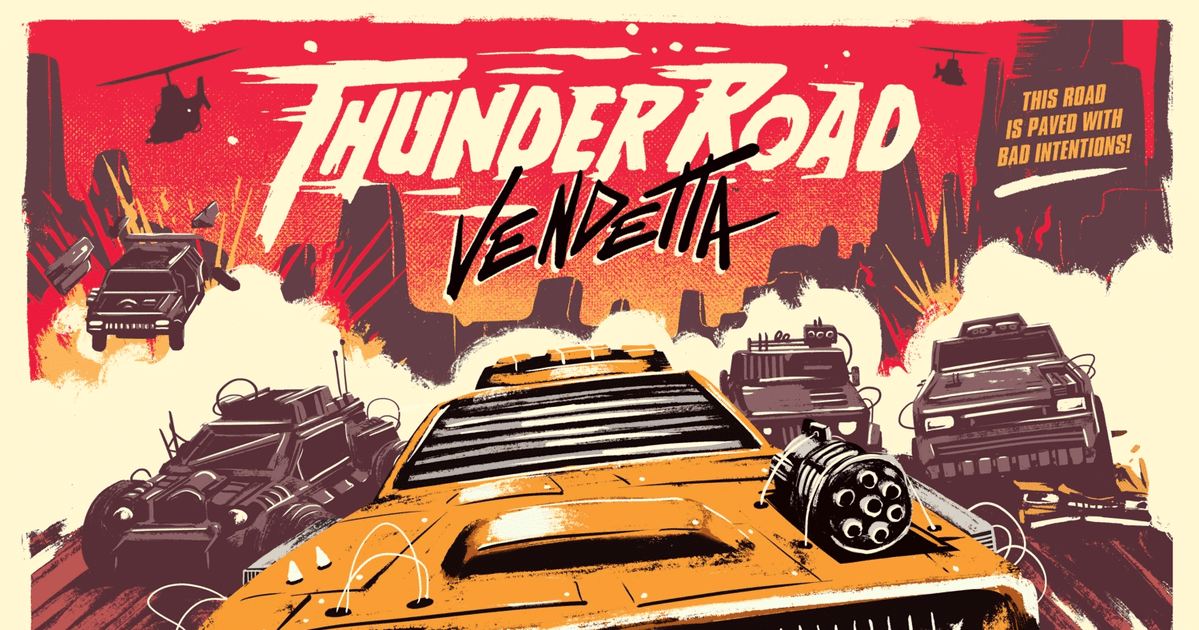 Box art for Thunder Road: Vendetta, showing armored vehicles racing through a desert wasteland.